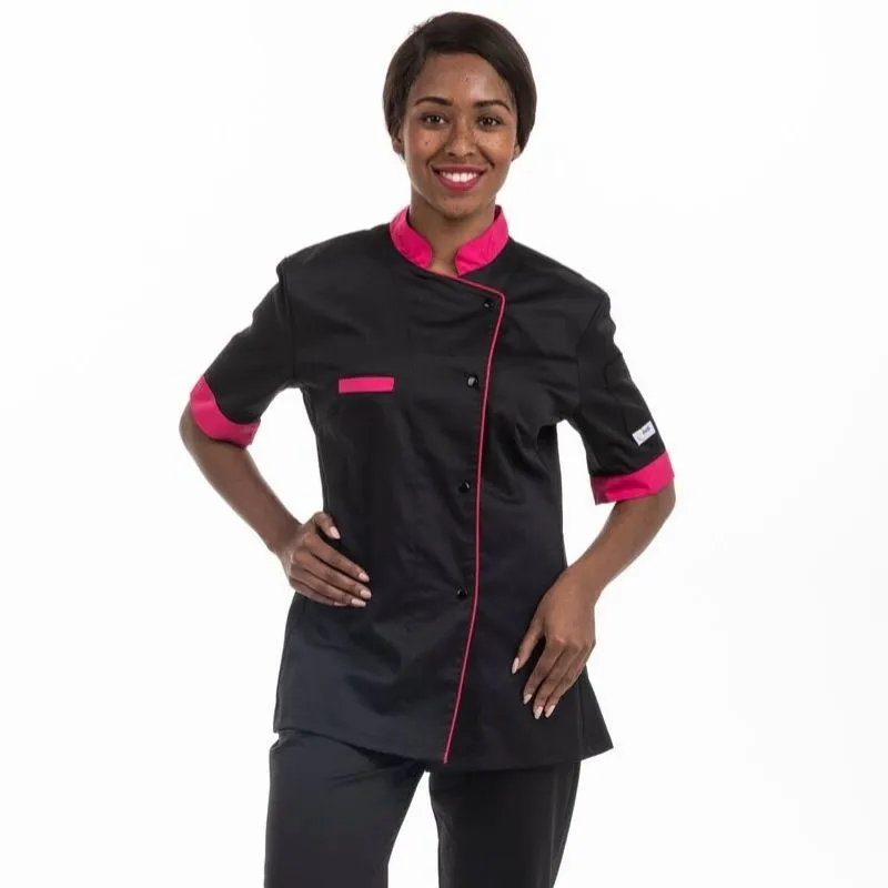 Black Kitchen Coat with Pink Piping Short Sleeve - MANELLI