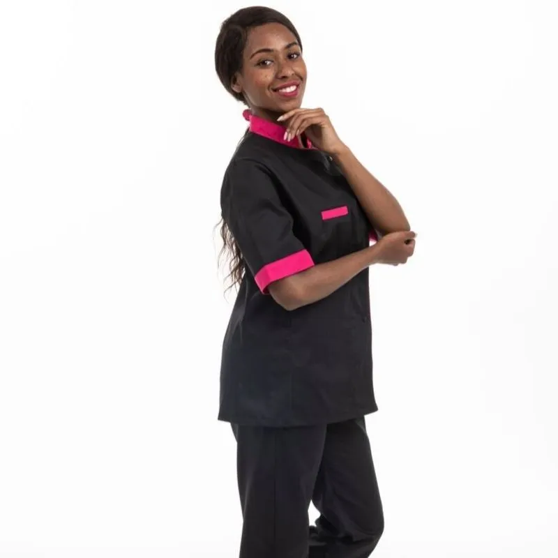 Black Kitchen Coat with Pink Piping Short Sleeve - MANELLI