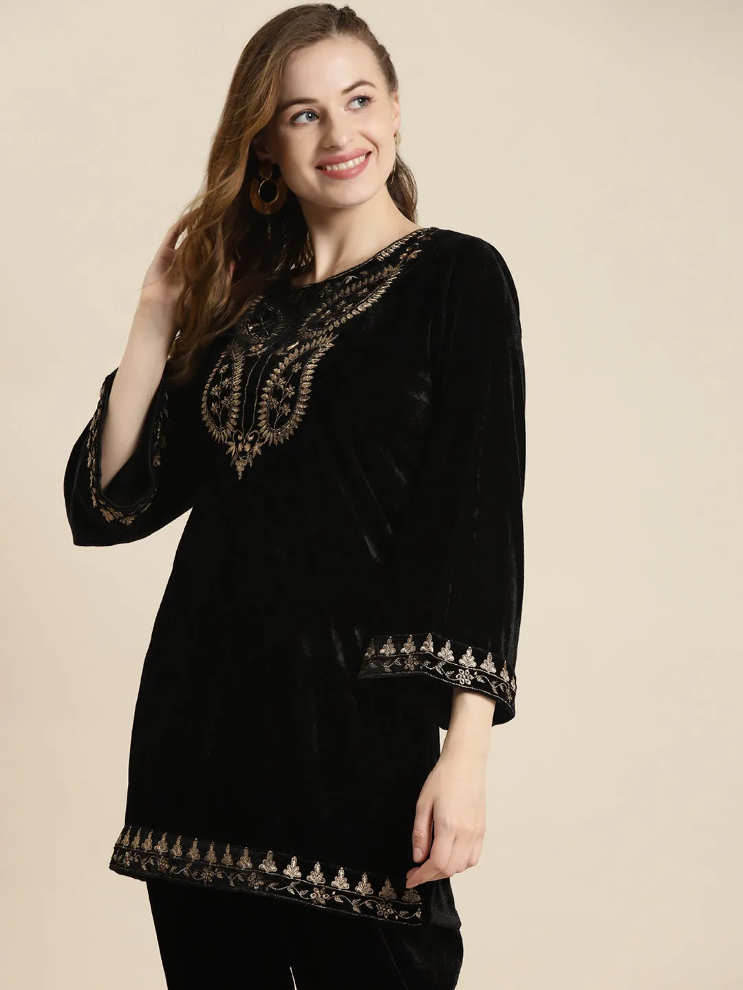 Black Velvet Zari Embroidered Short Kurta