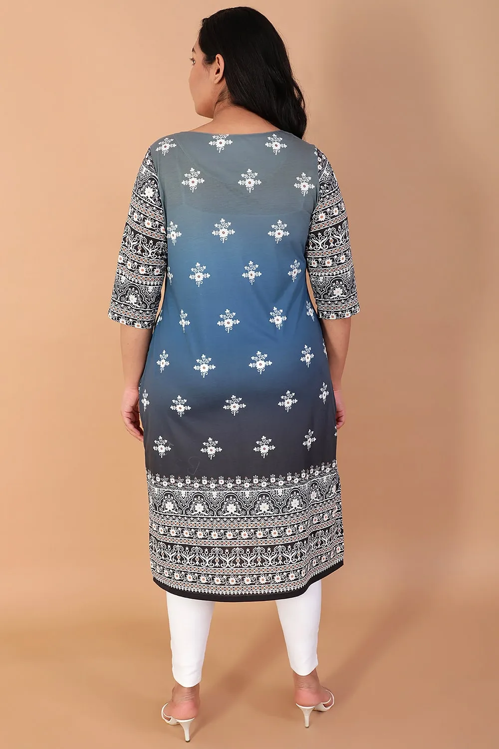 Blue Ombre Ethnic Print Kurta