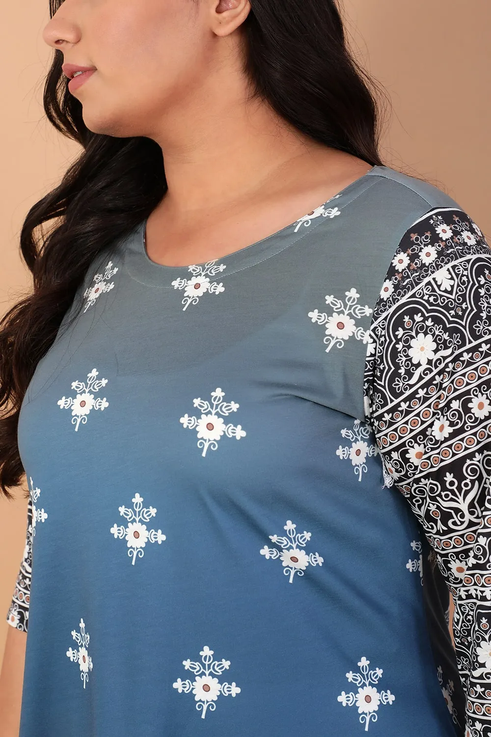 Blue Ombre Ethnic Print Kurta