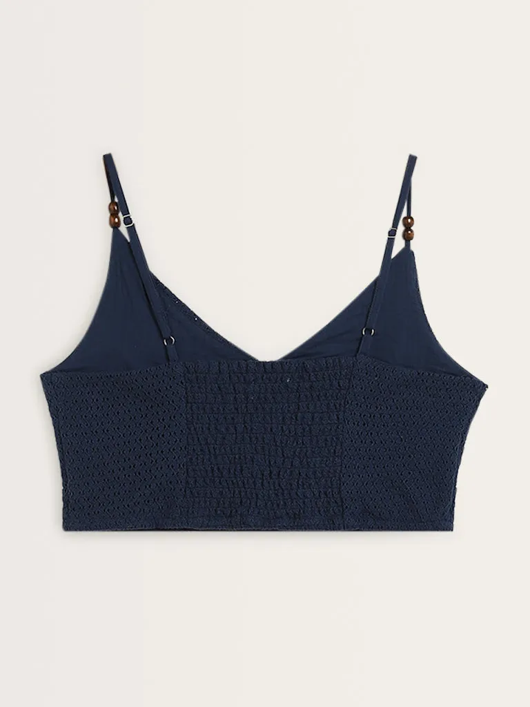 Bombay Paisley Navy Knit-Textured Cotton Crop Top