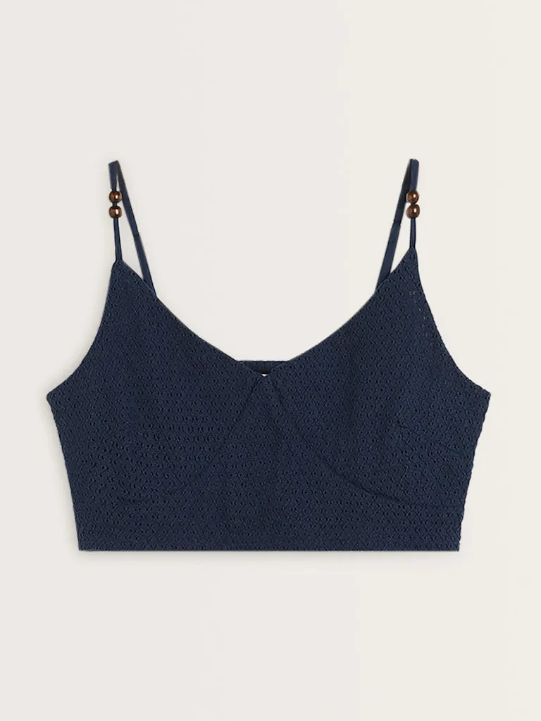 Bombay Paisley Navy Knit-Textured Cotton Crop Top