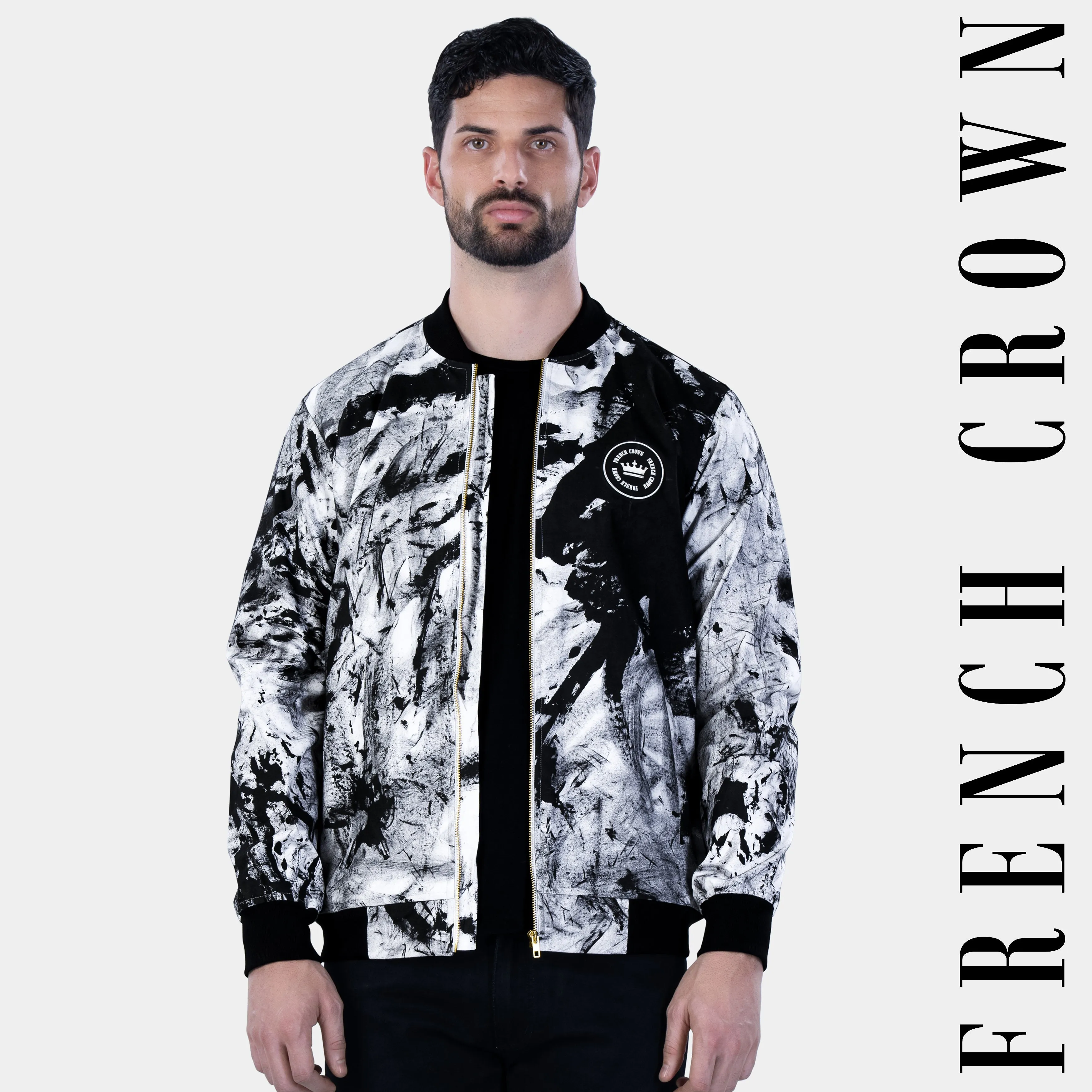 Bright White and Black Abstract Hand Painted Premium Cotton Bomber Jacket