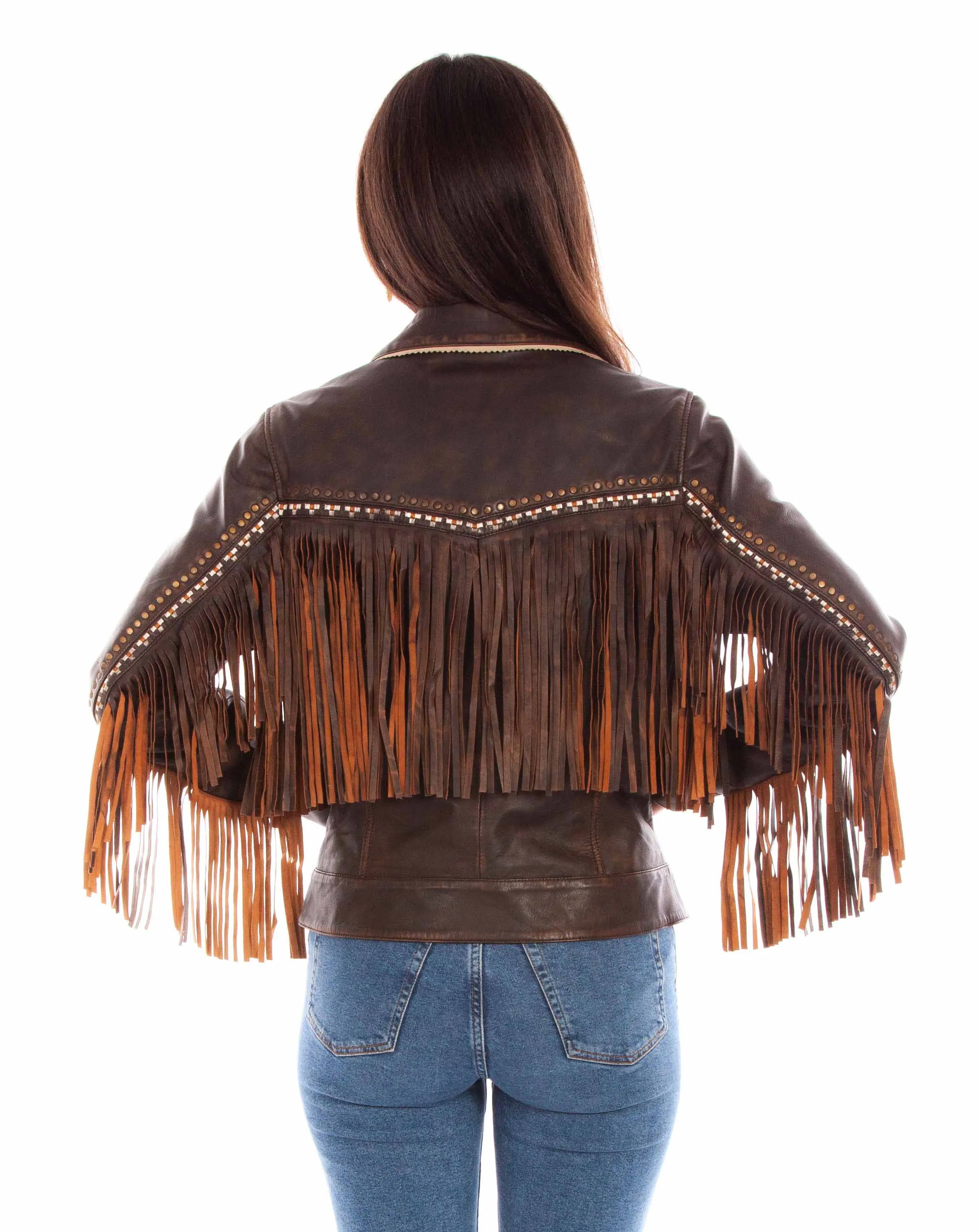 Brown Embroidered Fringe Leather Jacket at Bourbon Cowgirl