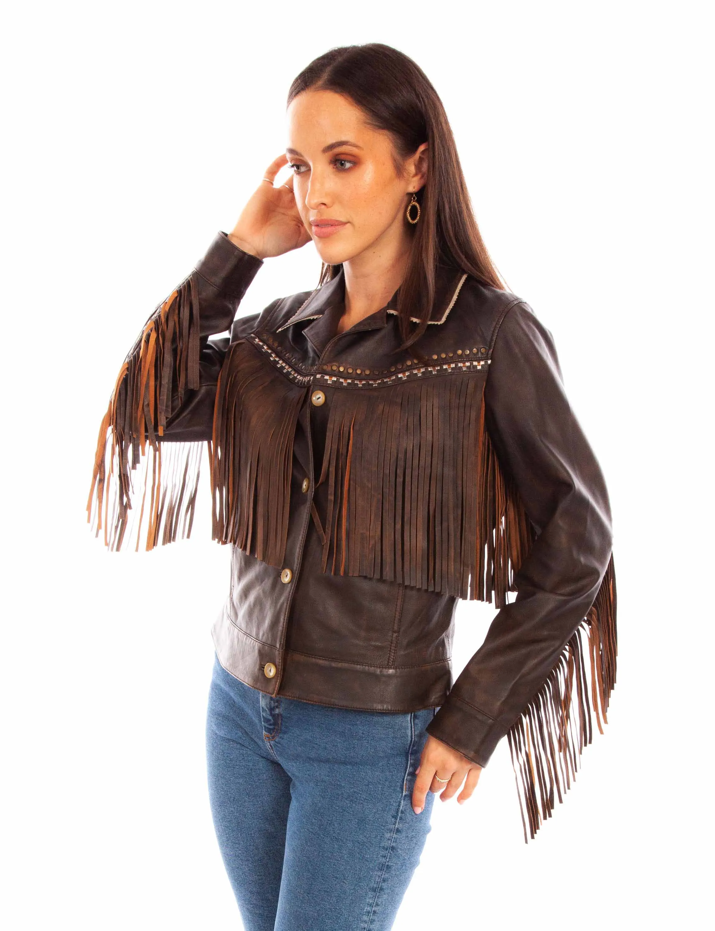 Brown Embroidered Fringe Leather Jacket at Bourbon Cowgirl