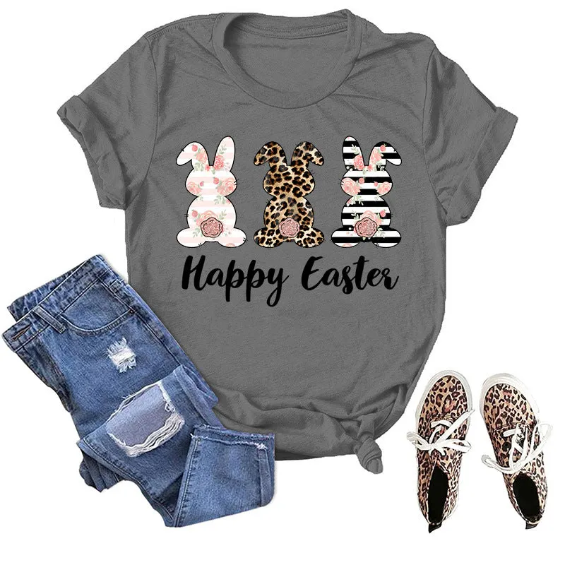 Bunny HAPPY EASTER Letter Print Short-Sleeve T-Shirts Wholesale Womens Tops