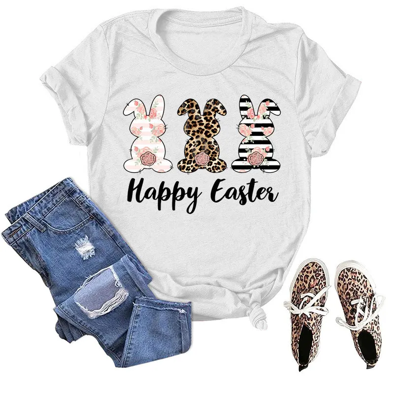 Bunny HAPPY EASTER Letter Print Short-Sleeve T-Shirts Wholesale Womens Tops