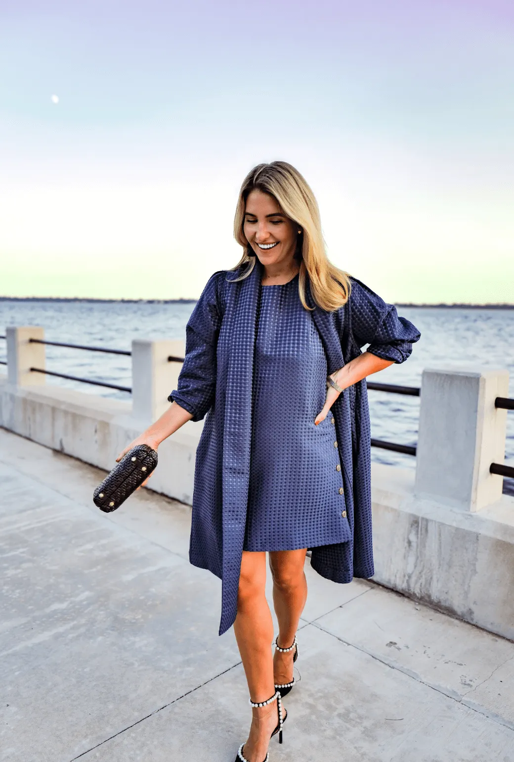 Buru x Megan Stokes Belted Swing Coat - Chelsea Blue Dot