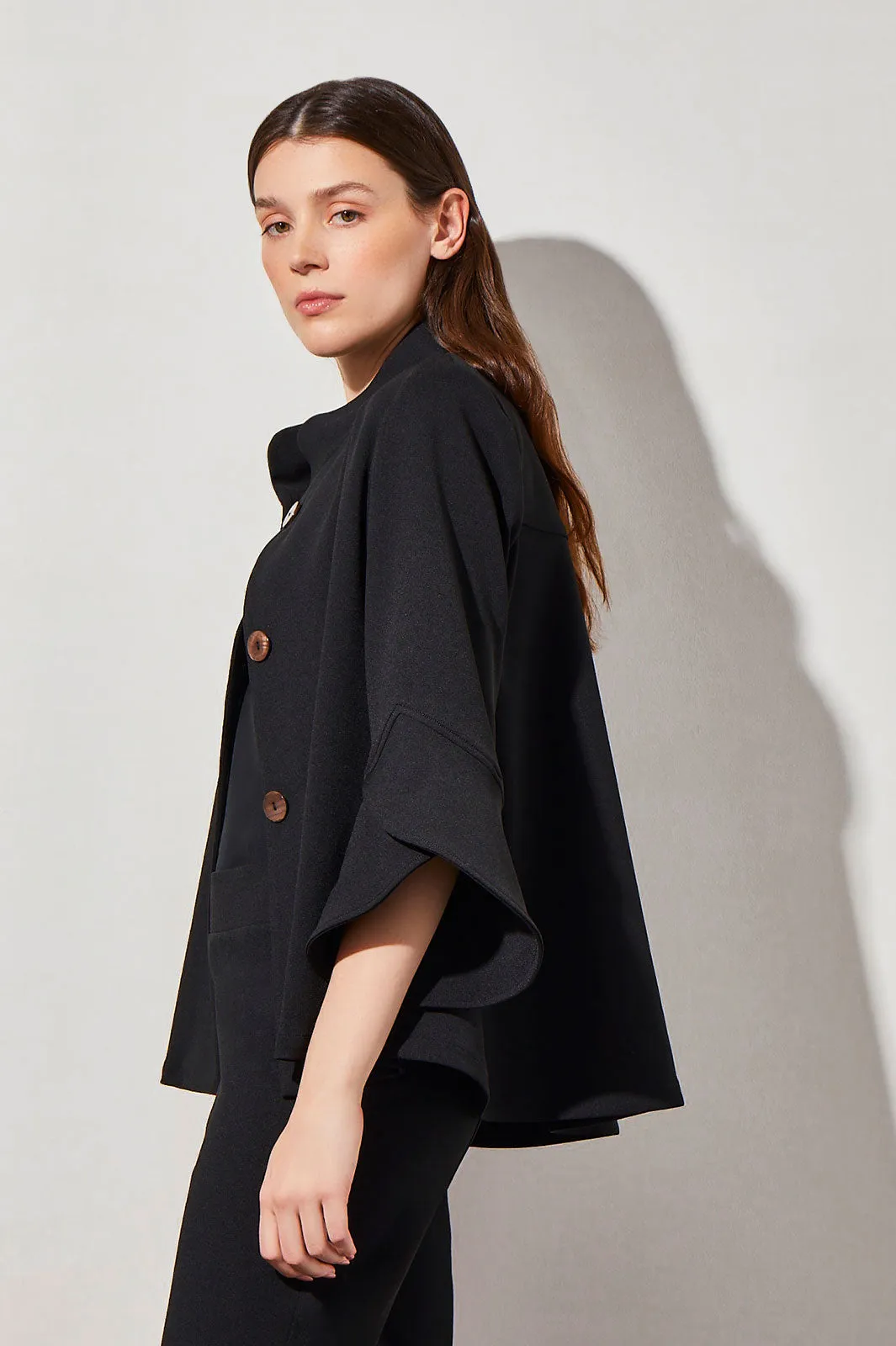 Button-Front Bell Sleeve Deco Crepe Jacket, Black