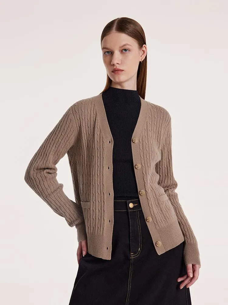 Camel Pure Cashmere V-Neck Cable Knit Cardigan