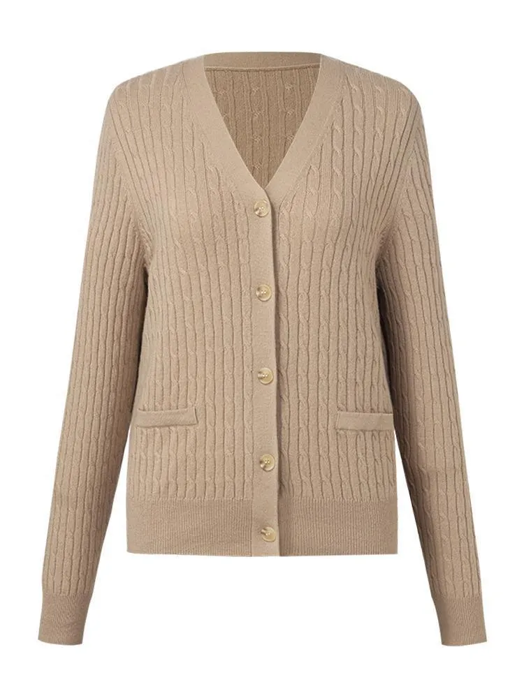 Camel Pure Cashmere V-Neck Cable Knit Cardigan