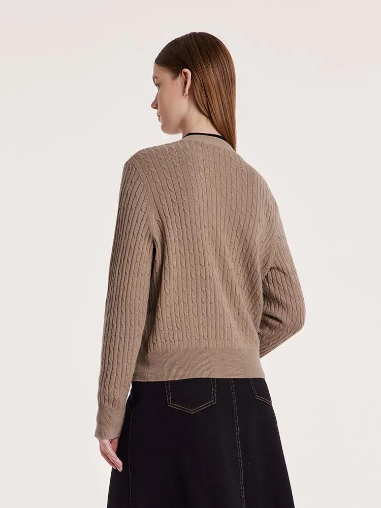 Camel Pure Cashmere V-Neck Cable Knit Cardigan