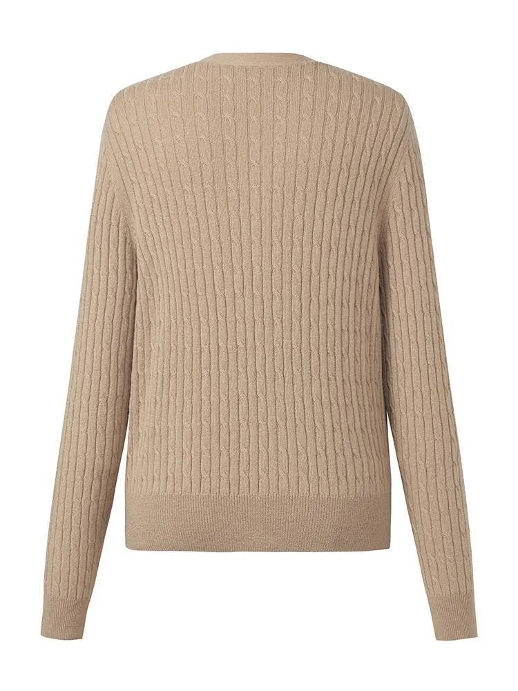 Camel Pure Cashmere V-Neck Cable Knit Cardigan