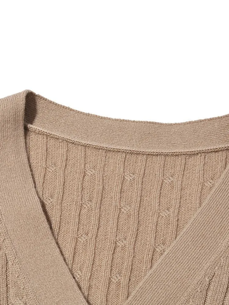 Camel Pure Cashmere V-Neck Cable Knit Cardigan