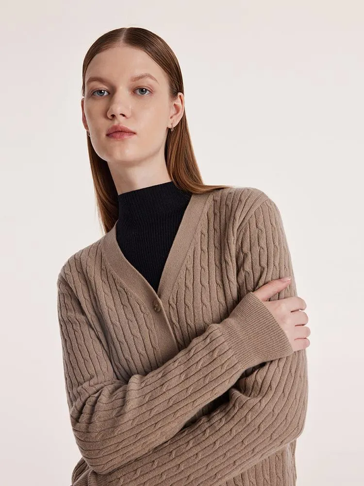 Camel Pure Cashmere V-Neck Cable Knit Cardigan