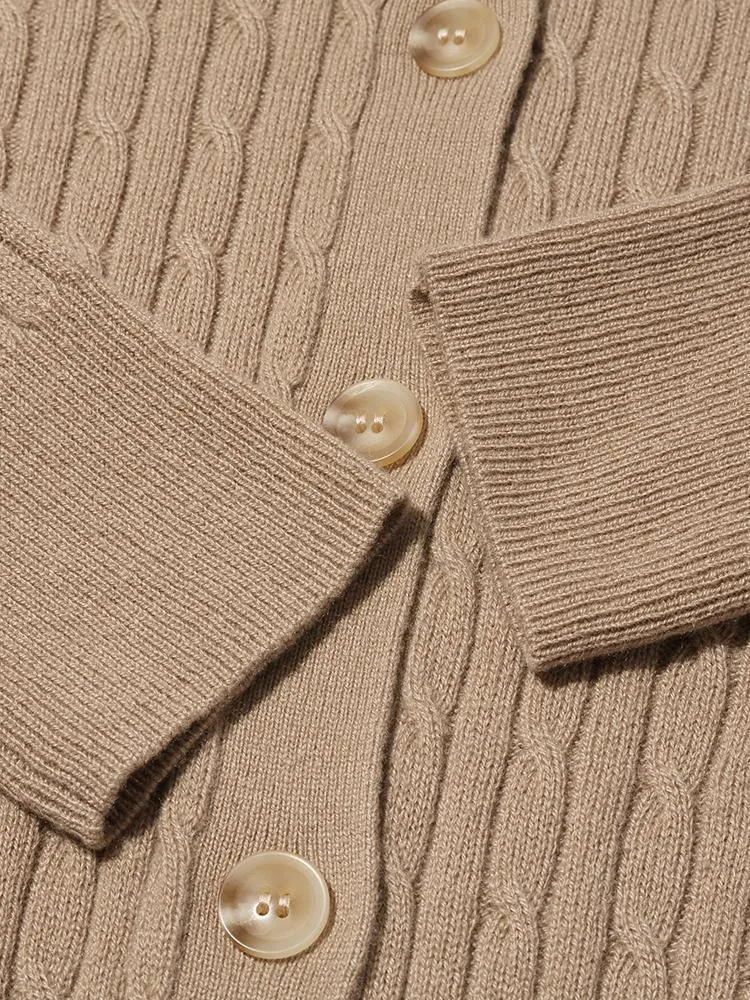 Camel Pure Cashmere V-Neck Cable Knit Cardigan