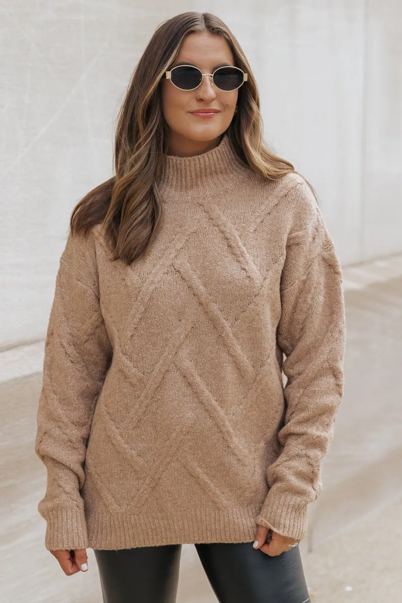 Camel Textured Mock Neck Sweater