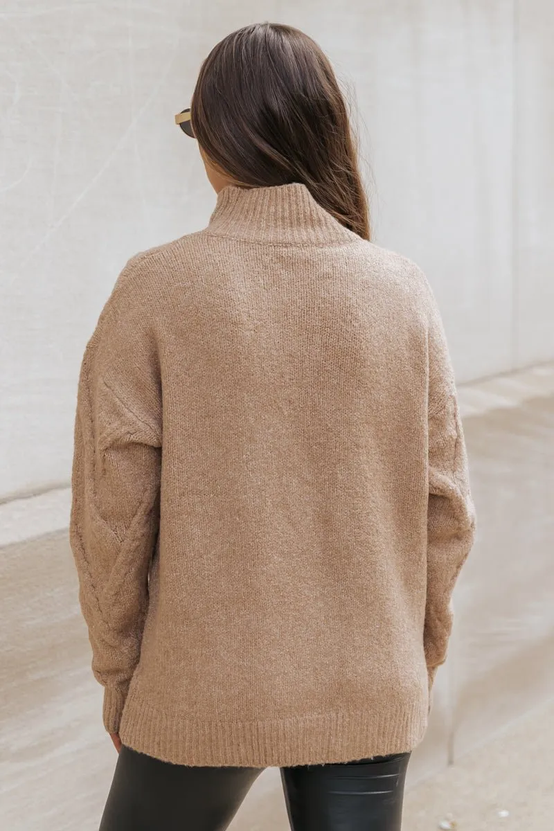 Camel Textured Mock Neck Sweater