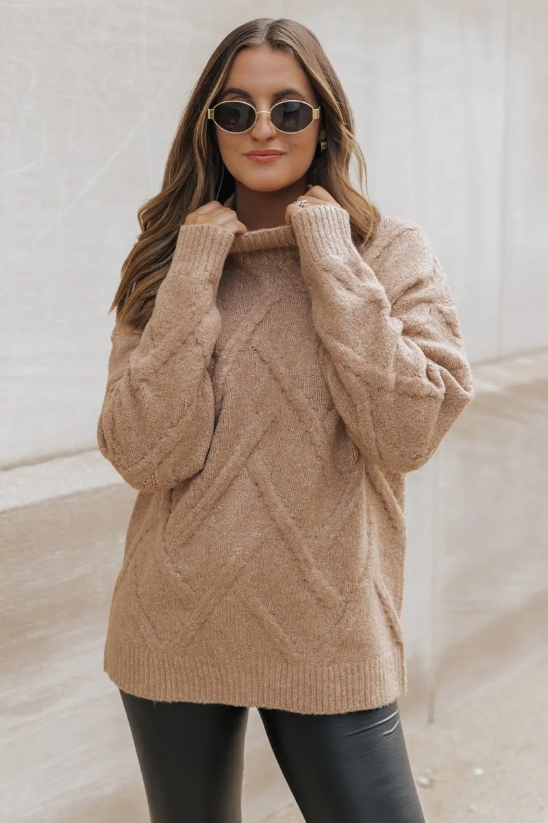 Camel Textured Mock Neck Sweater