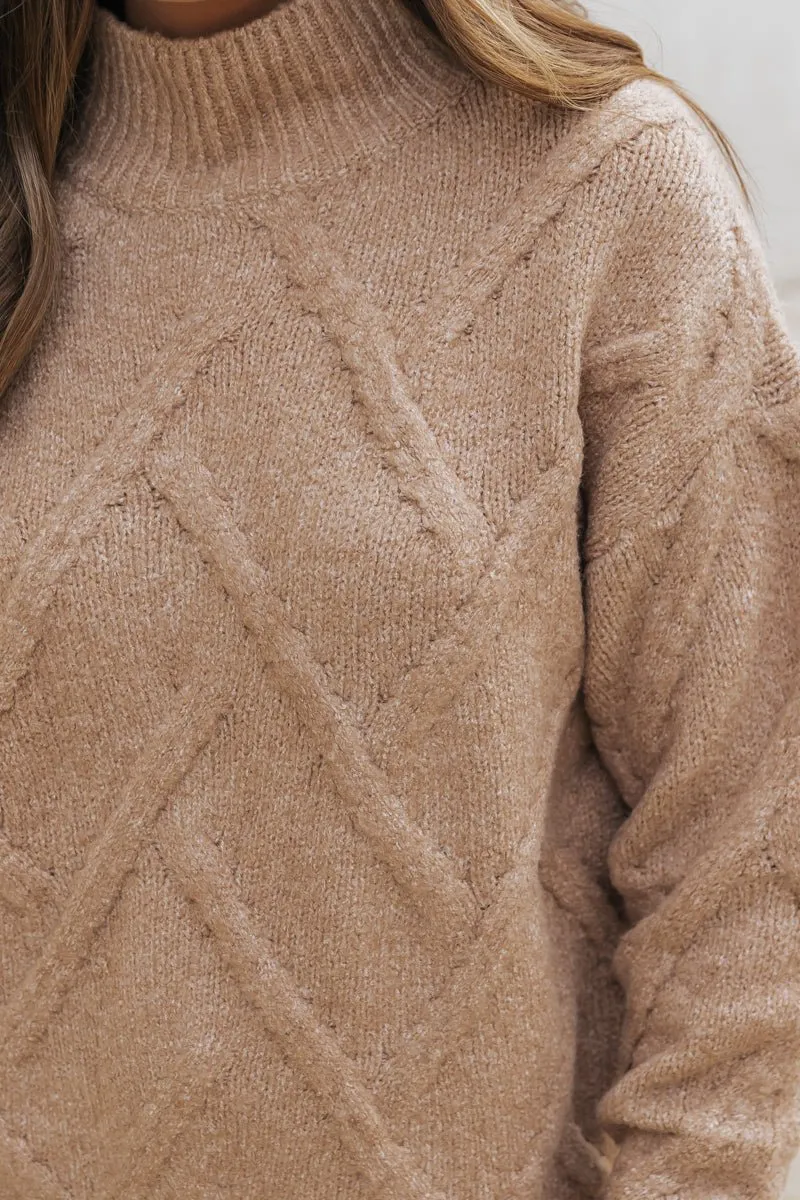 Camel Textured Mock Neck Sweater