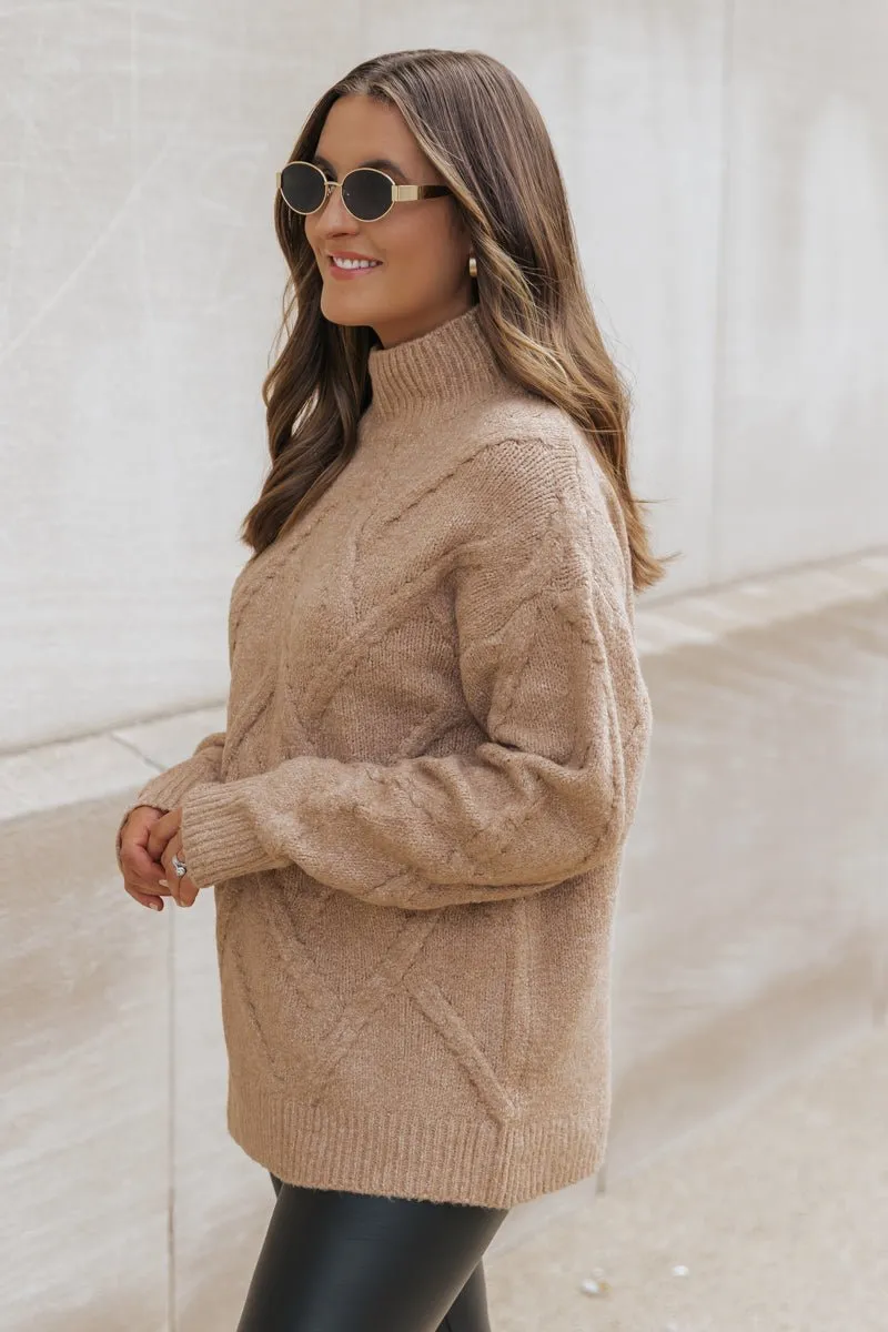 Camel Textured Mock Neck Sweater