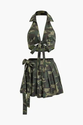 Camouflage Knot V-neck Backless Top And Pleated Mini Skirt Set