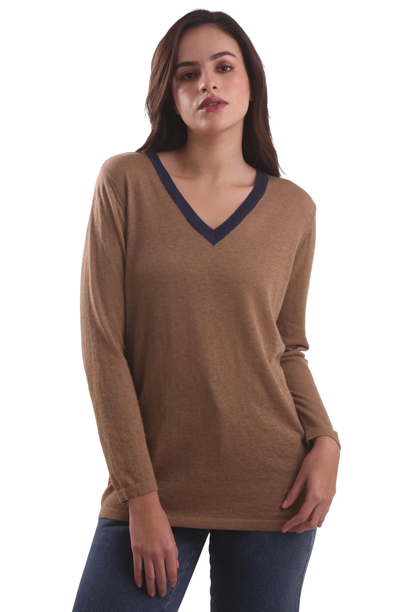 Cashew Brown V-Neck Sweater