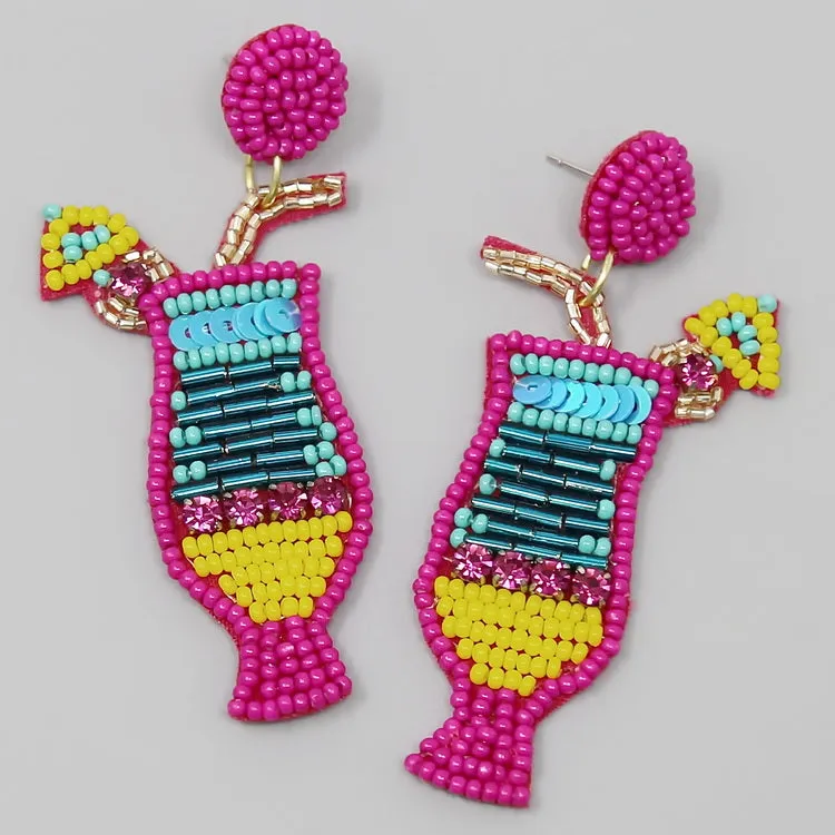 Cocktail Glass Seed Bead Drop Earrings