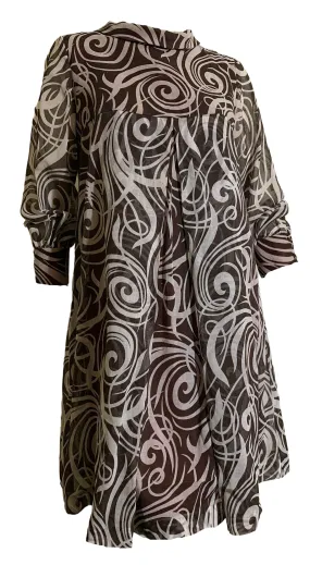 Cocoa and White Swirled Print Cotton Swing Dress circa 1960s