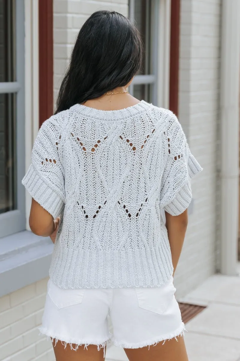 Crochet Detail Short Sleeve Sweater - Light Blue - FINAL SALE