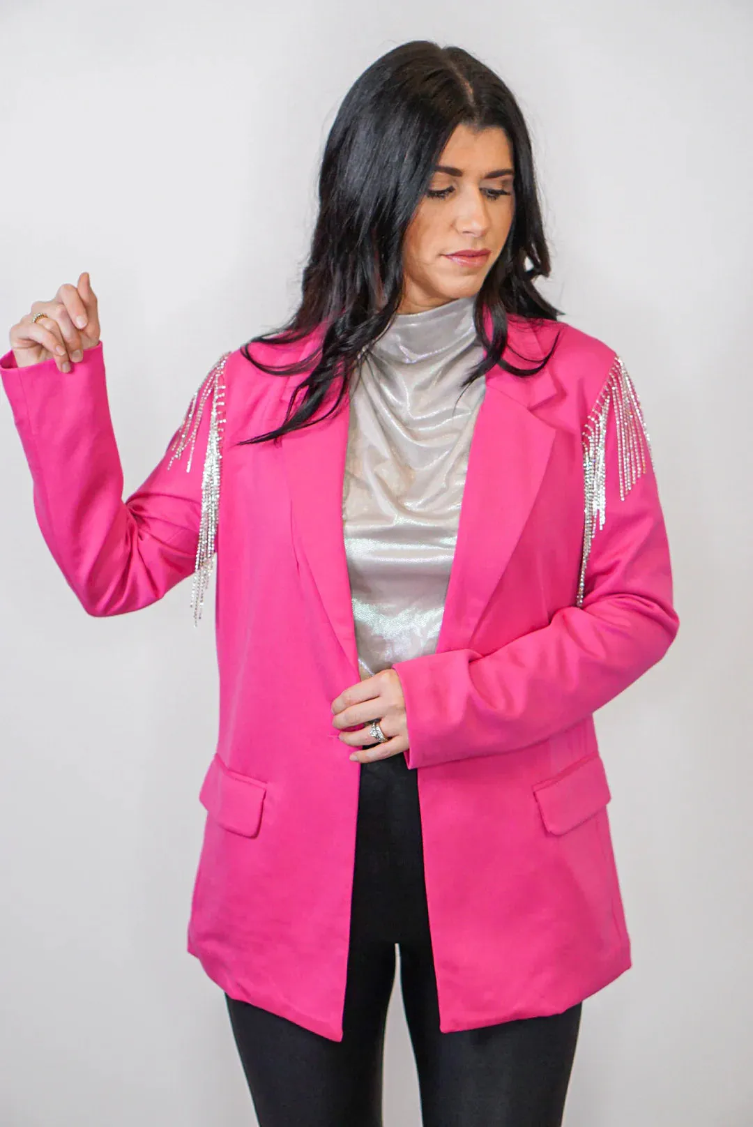 Crystal Fringe Hot Pink Blazer