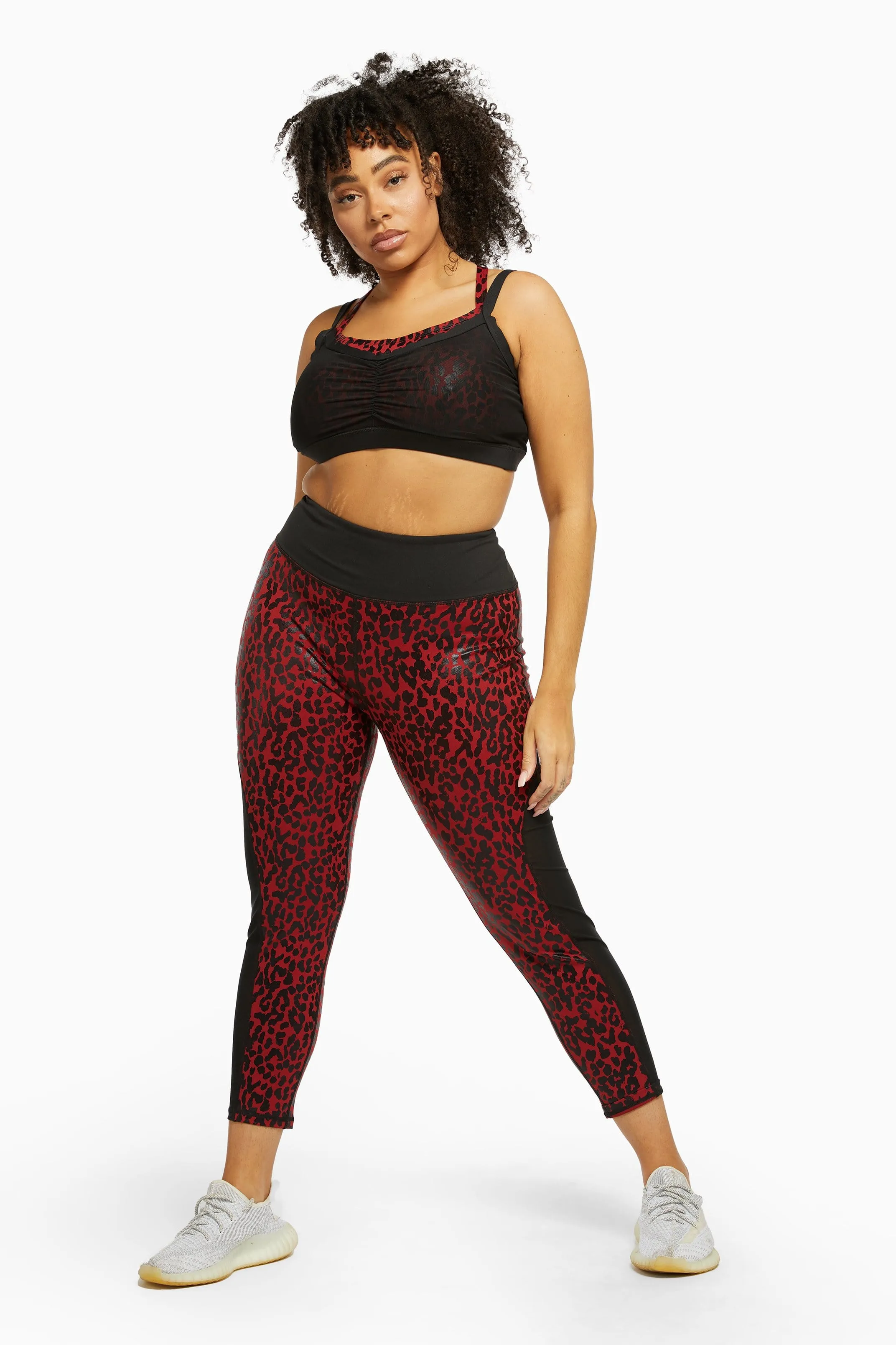 Dark Red and Black Leopard Wet Look Sports Bra Curve