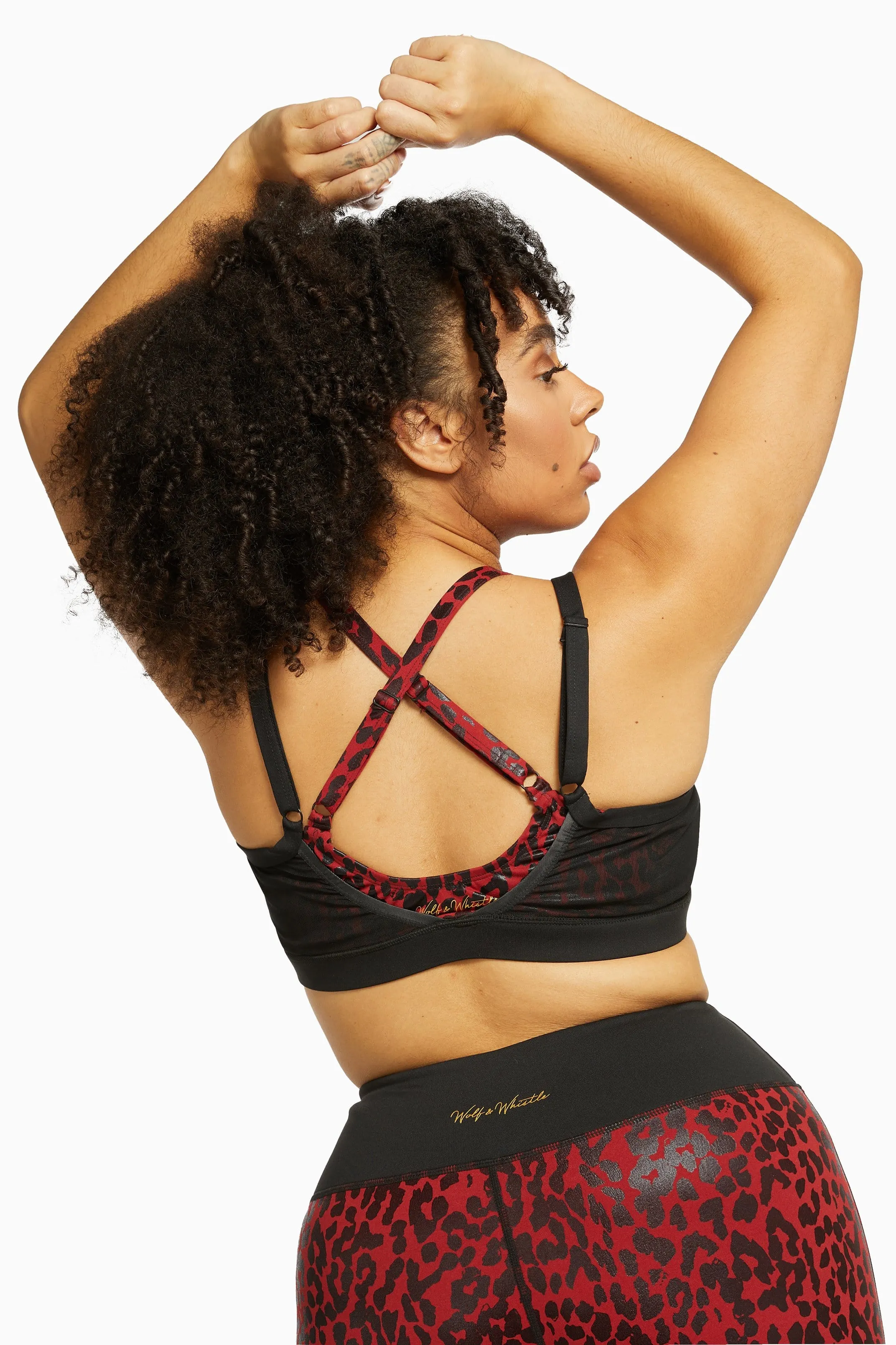 Dark Red and Black Leopard Wet Look Sports Bra Curve