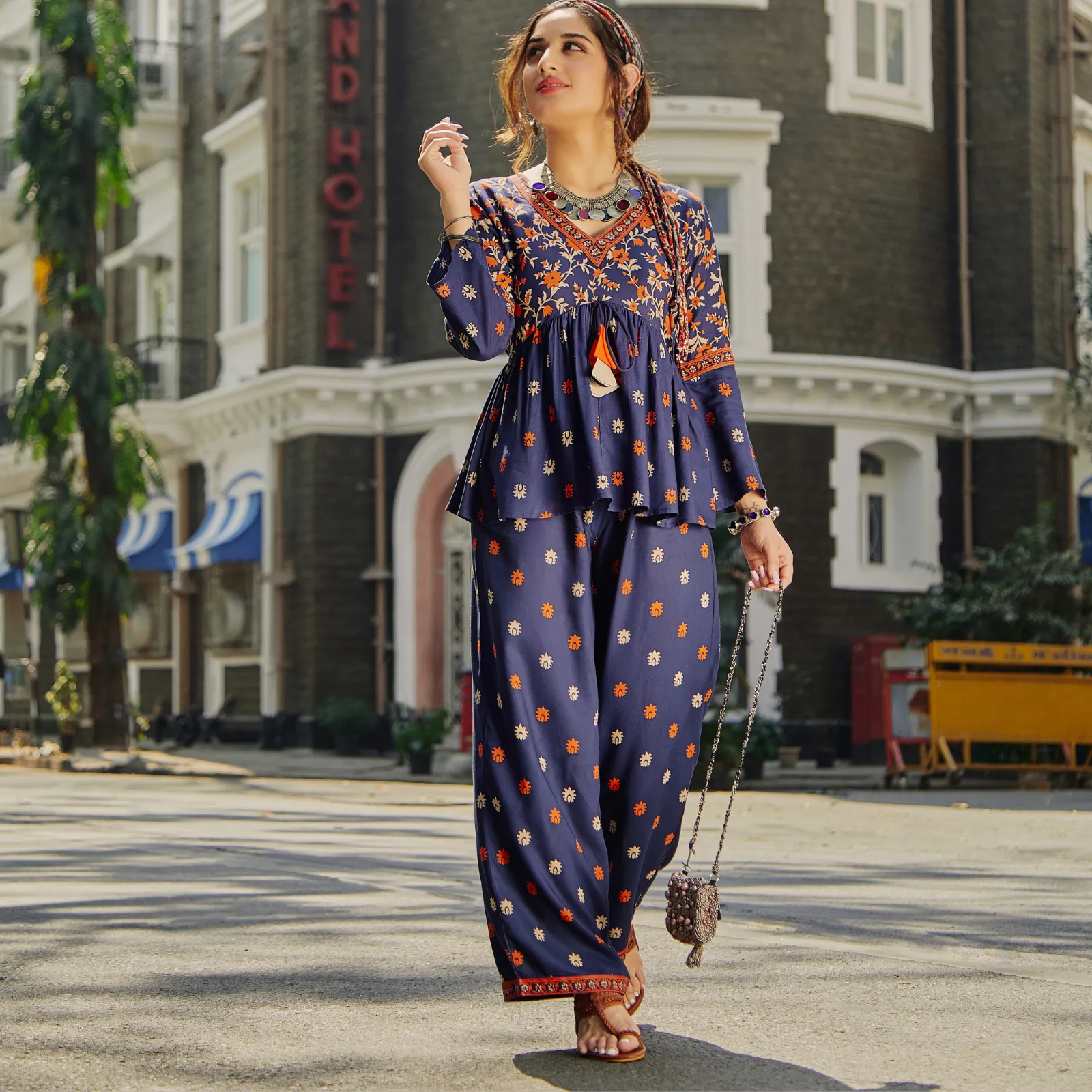 Deep Blue Floral Gathered Top Pant Co-ord Set with Tassels & Bell Sleeves