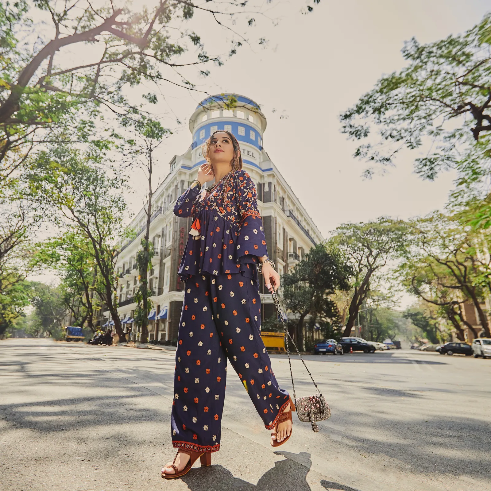 Deep Blue Floral Gathered Top Pant Co-ord Set with Tassels & Bell Sleeves