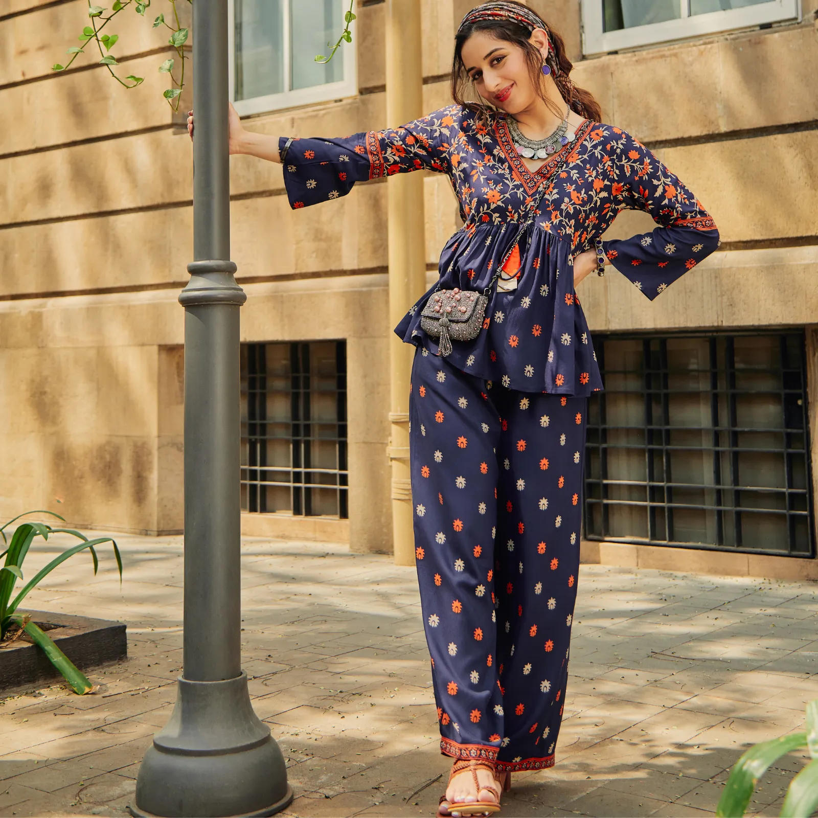 Deep Blue Floral Gathered Top Pant Co-ord Set with Tassels & Bell Sleeves