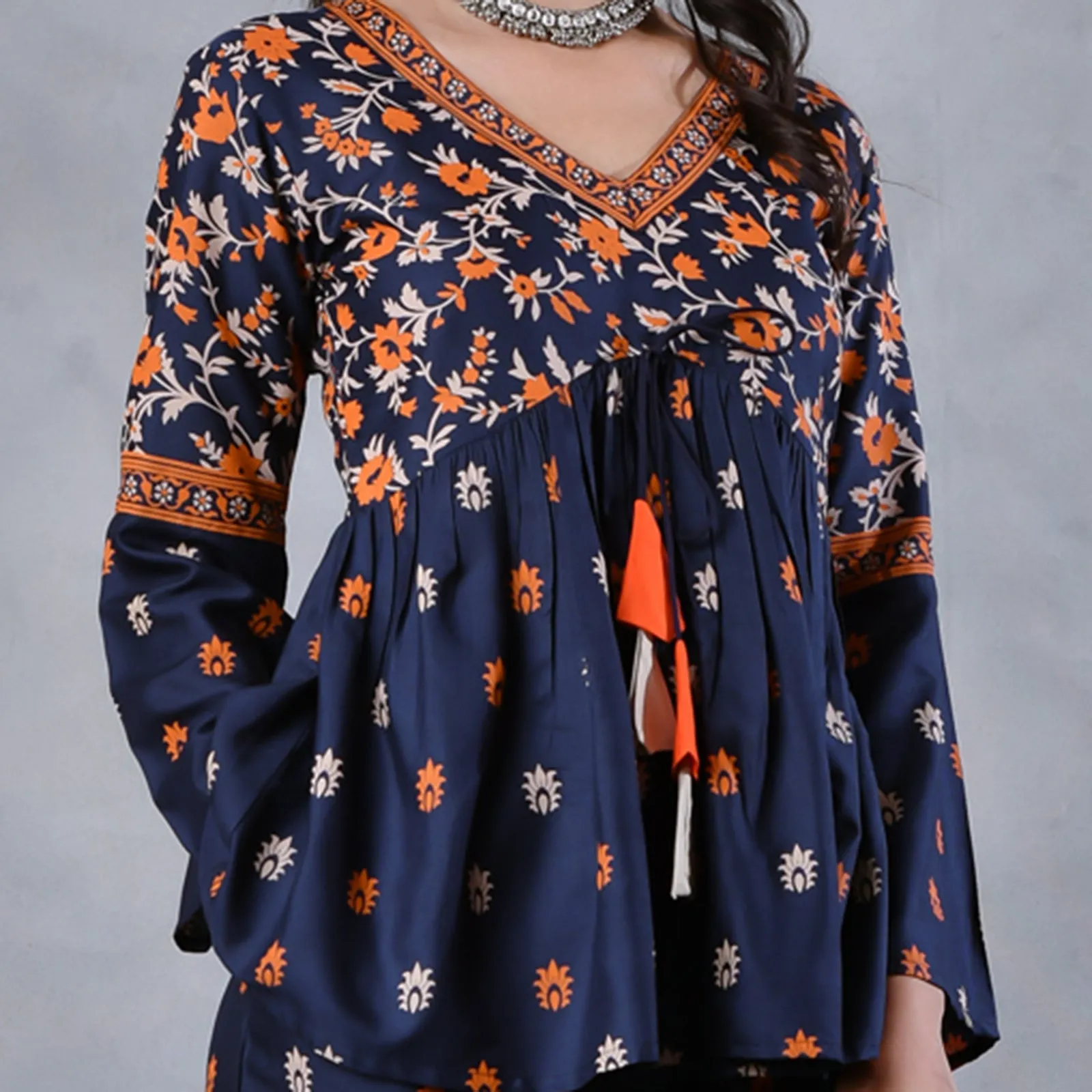 Deep Blue Floral Gathered Top Pant Co-ord Set with Tassels & Bell Sleeves