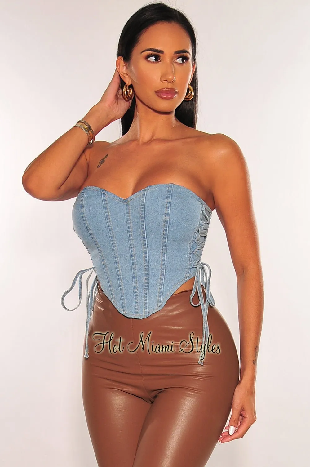 Denim Strapless Boned Lace Up Sides Bustier Crop Top