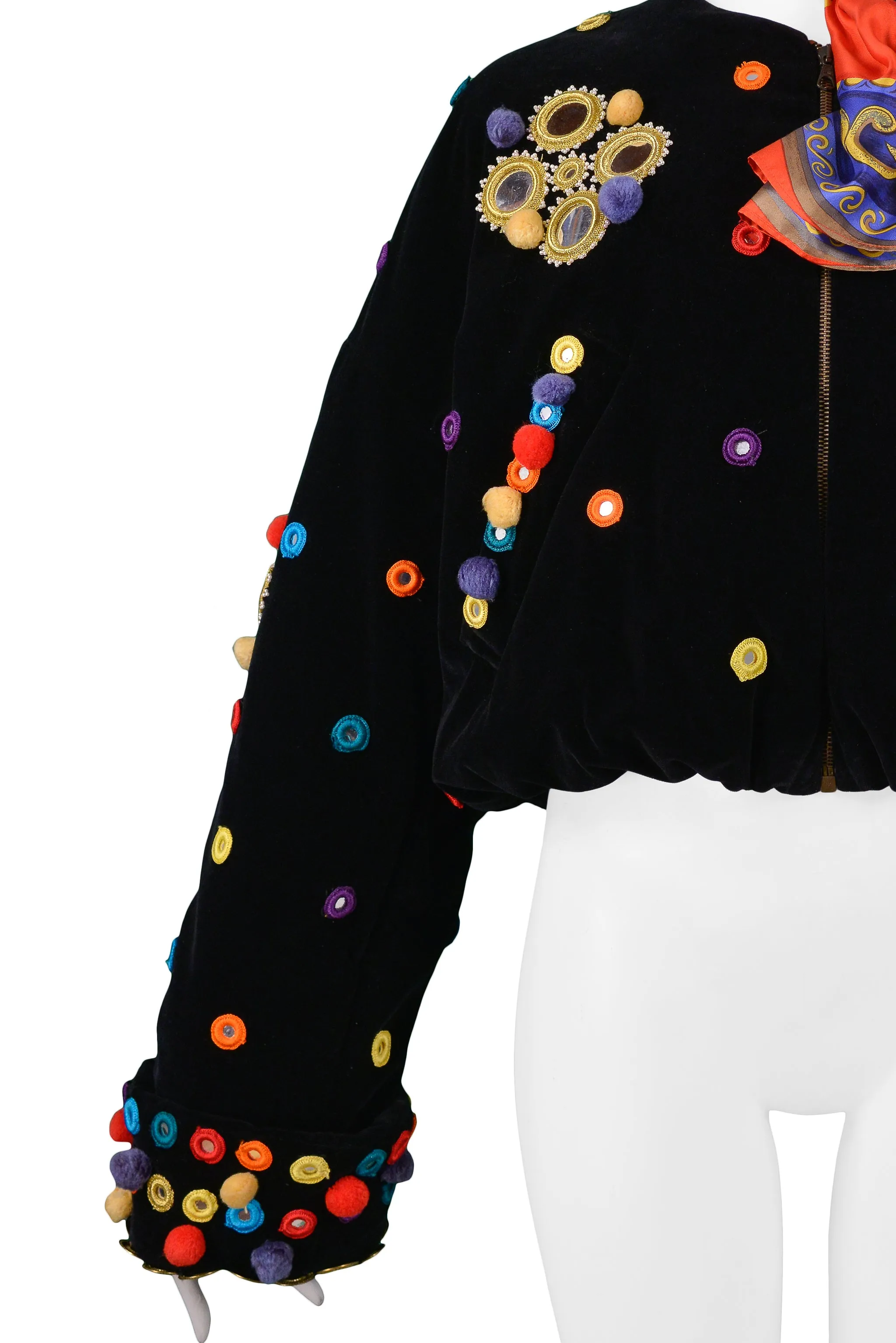 DOLCE BLACK VELVET AND MULTICOLOR POM POM SCARF JACKET 1992