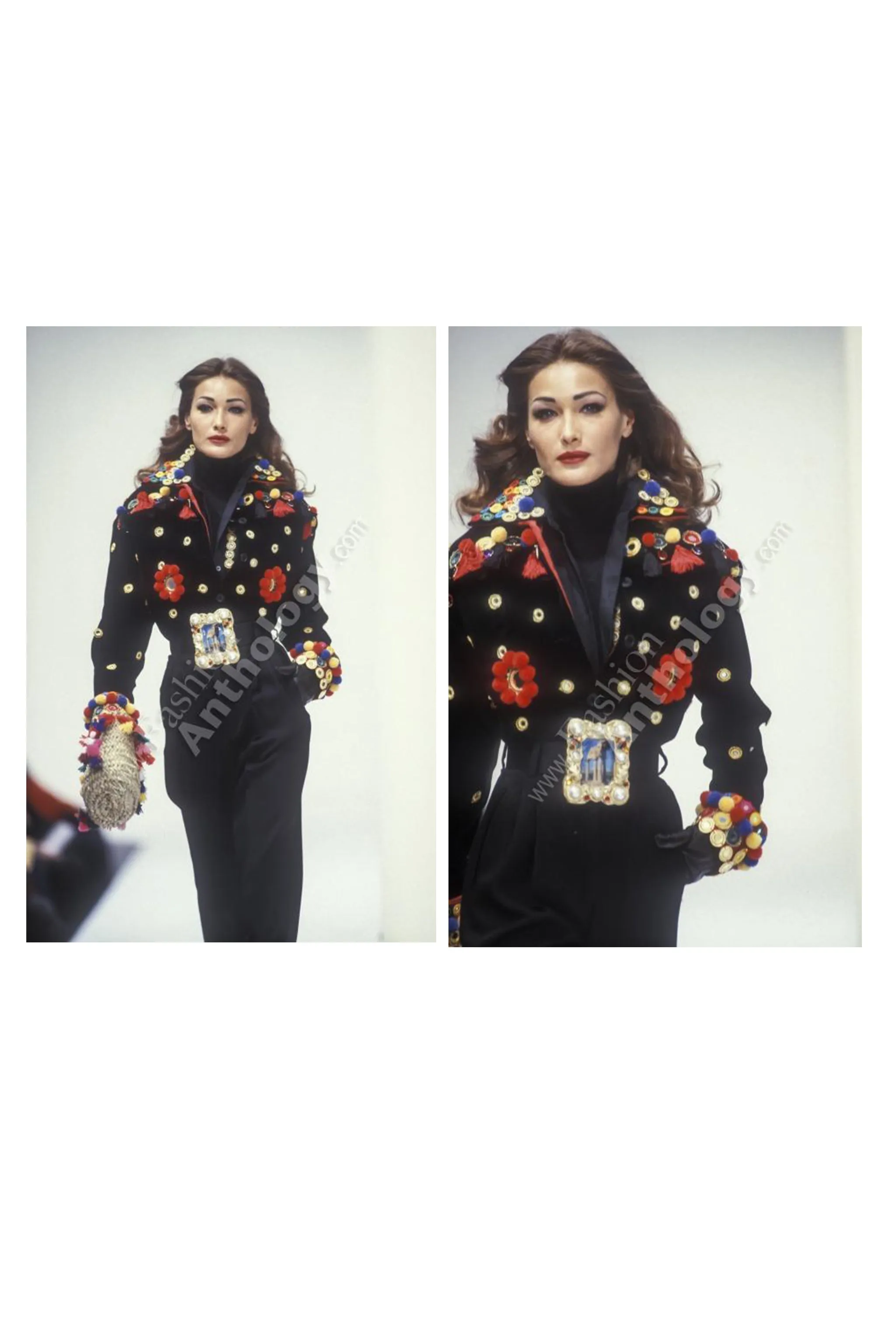 DOLCE BLACK VELVET AND MULTICOLOR POM POM SCARF JACKET 1992