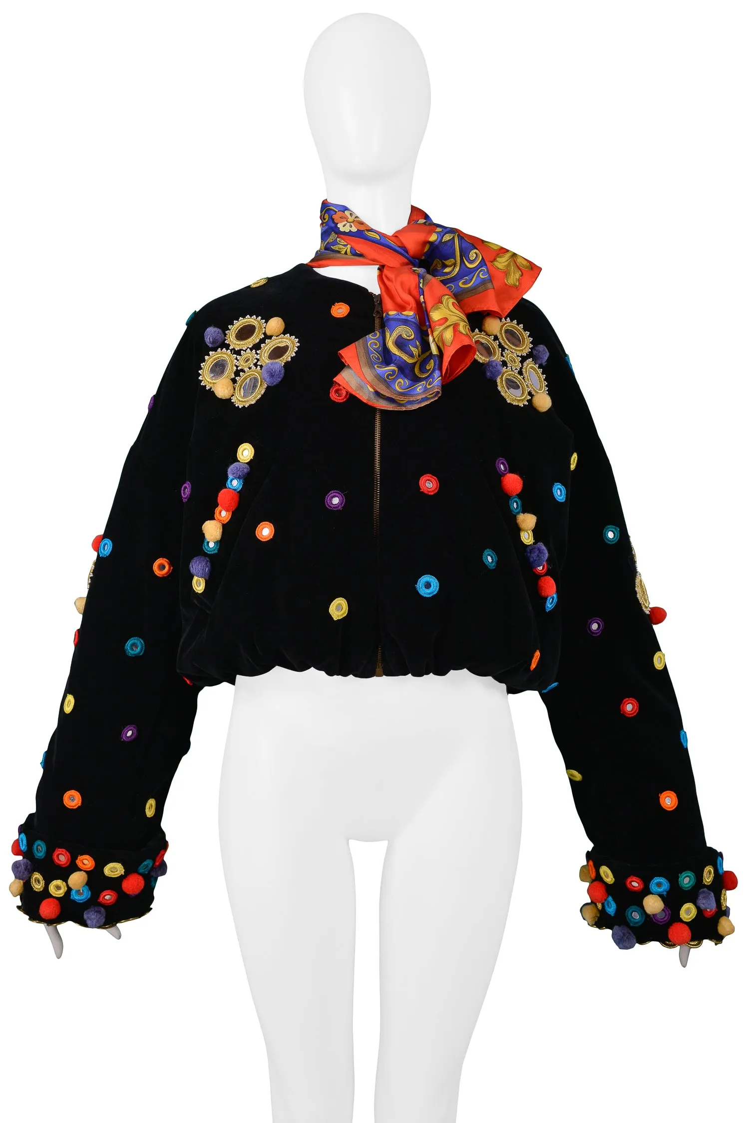 DOLCE BLACK VELVET AND MULTICOLOR POM POM SCARF JACKET 1992