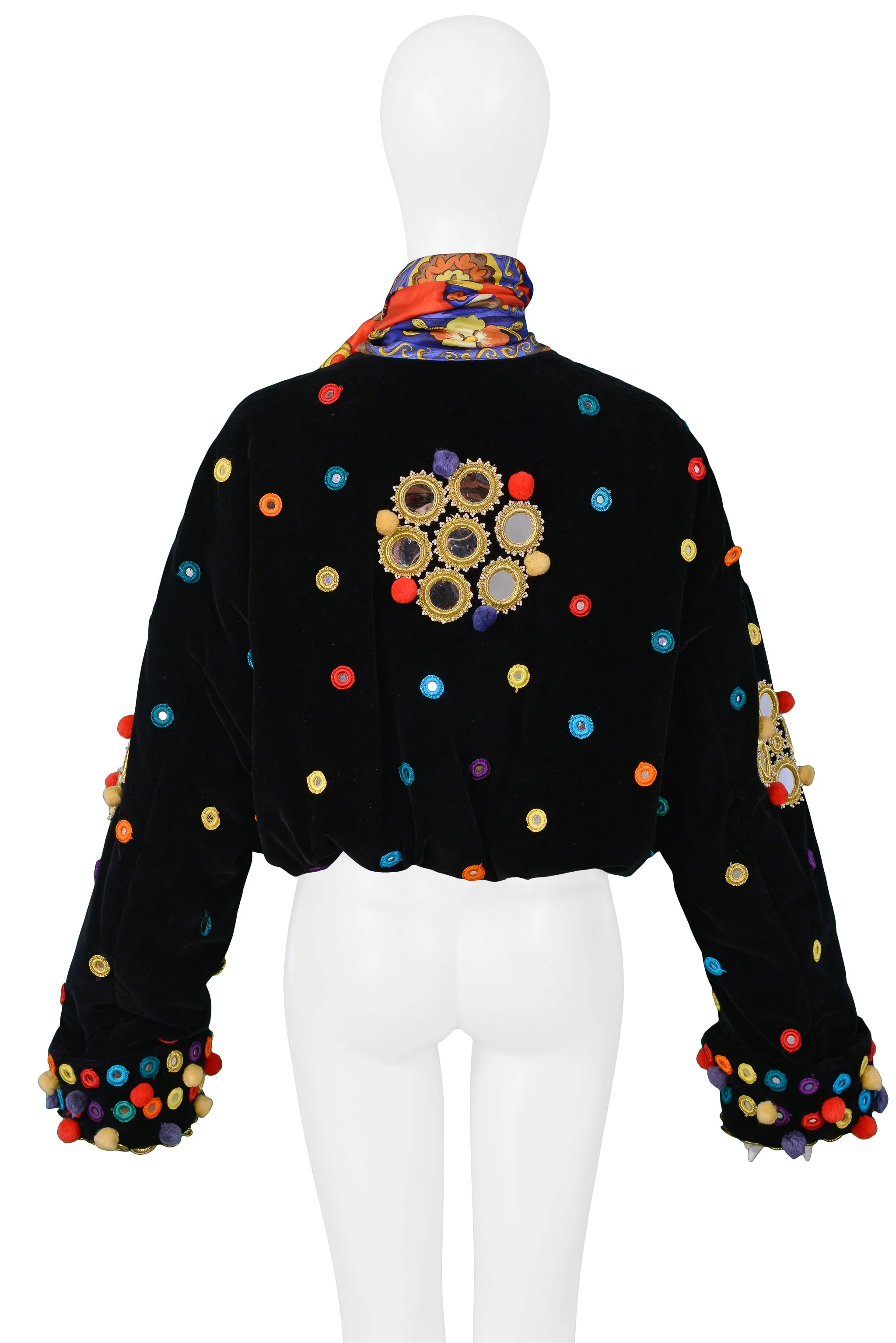 DOLCE BLACK VELVET AND MULTICOLOR POM POM SCARF JACKET 1992