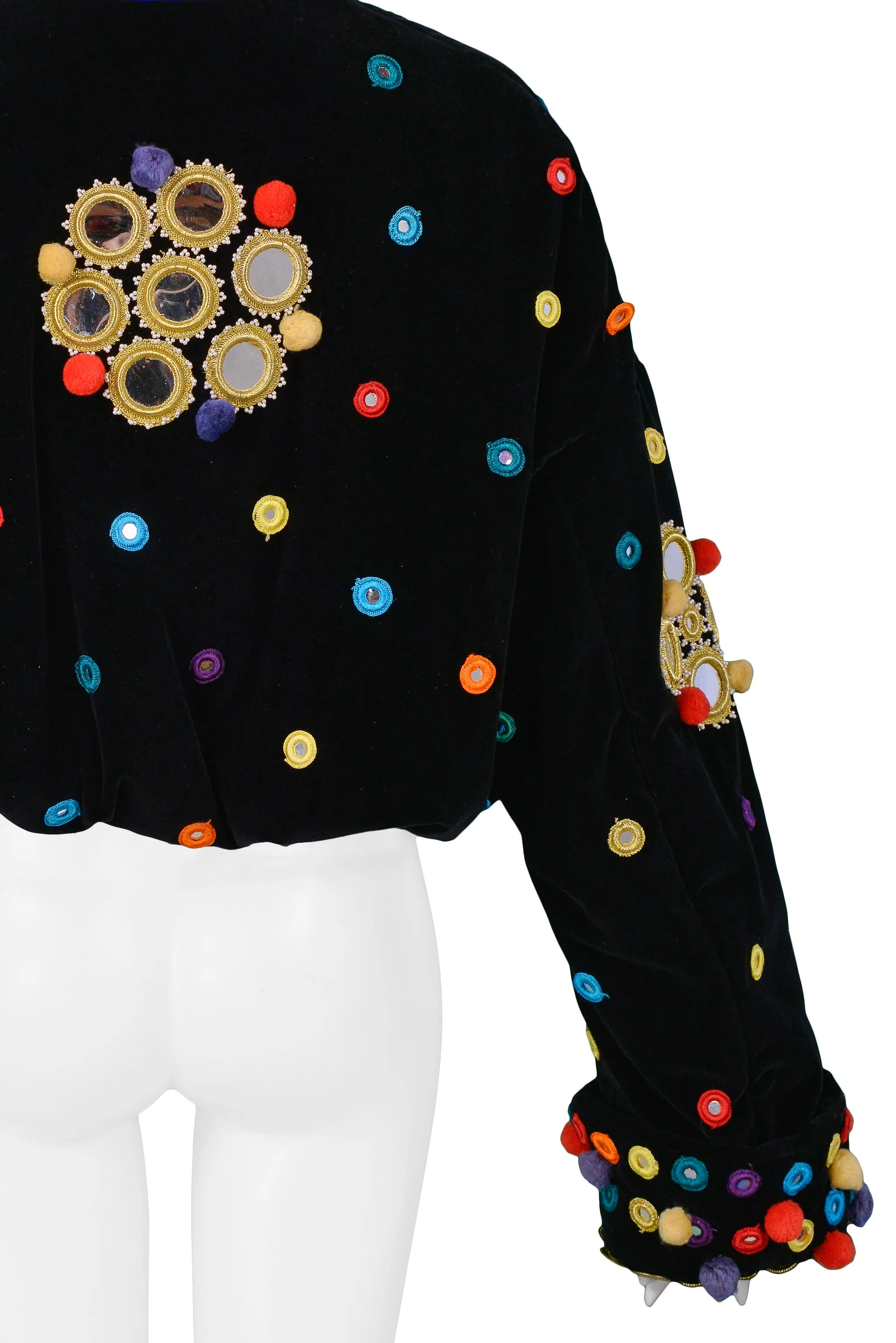 DOLCE BLACK VELVET AND MULTICOLOR POM POM SCARF JACKET 1992