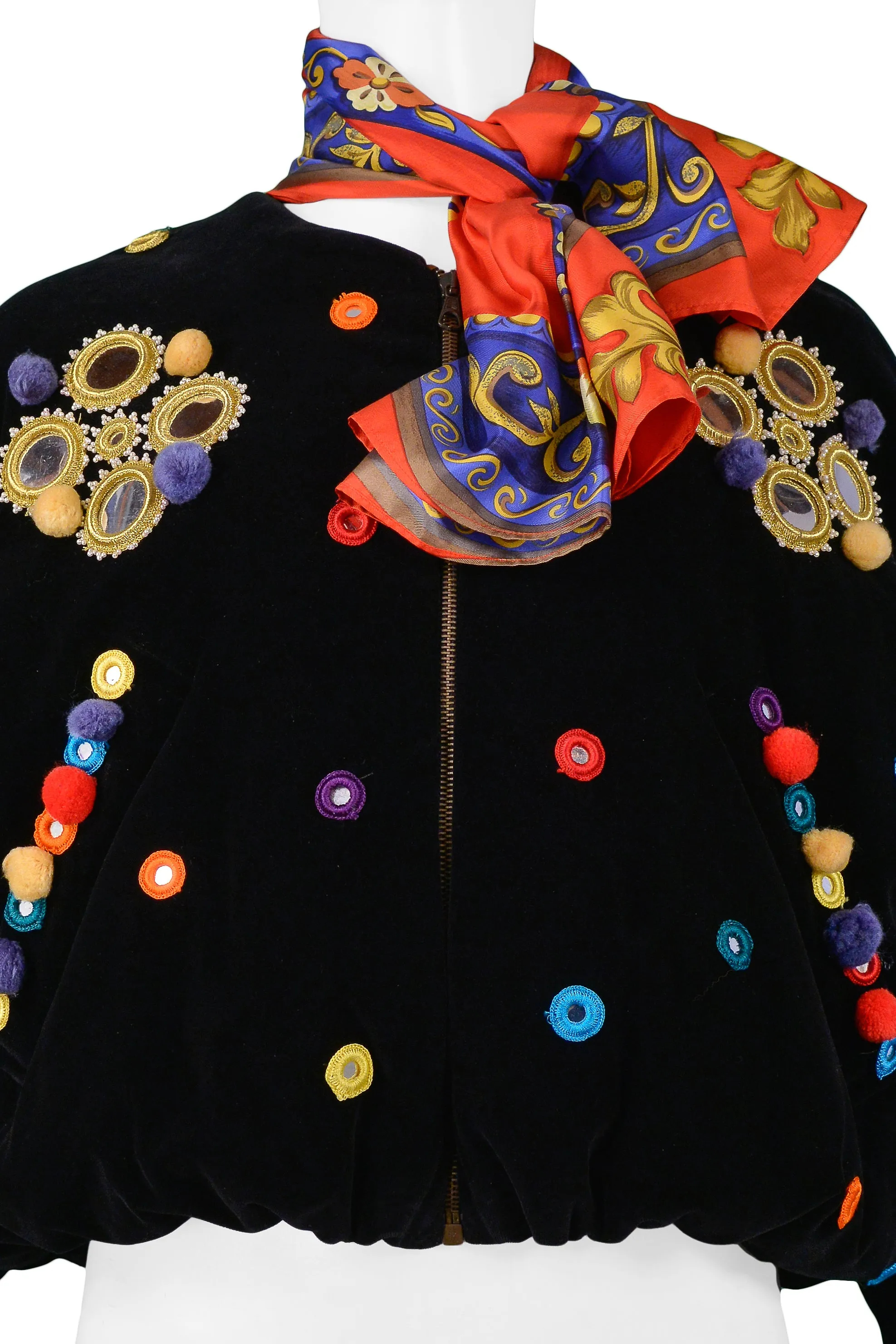 DOLCE BLACK VELVET AND MULTICOLOR POM POM SCARF JACKET 1992