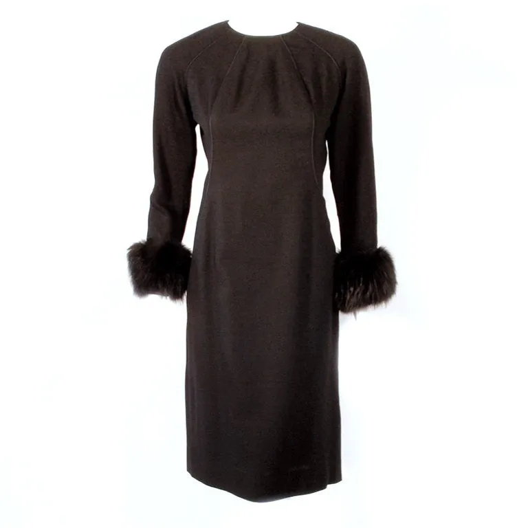 DON LOPER Black Long Sleeve Wool Dress, Side Slit, and Fur Cuffs Size 6