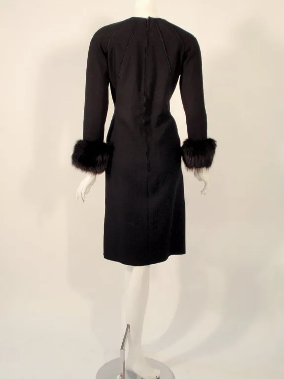 DON LOPER Black Long Sleeve Wool Dress, Side Slit, and Fur Cuffs Size 6