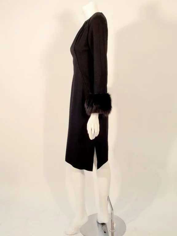 DON LOPER Black Long Sleeve Wool Dress, Side Slit, and Fur Cuffs Size 6