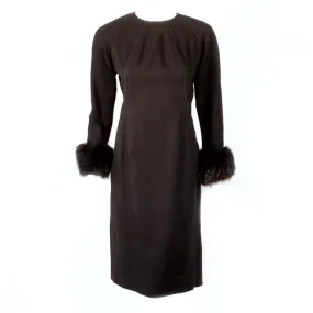 DON LOPER Black Long Sleeve Wool Dress, Side Slit, and Fur Cuffs Size 6