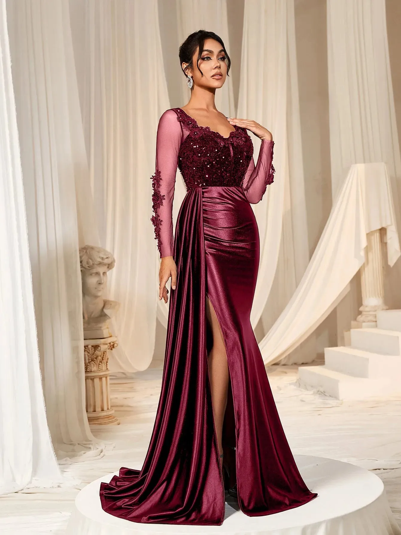 Elegant Sequin Bodice Sheer Sleeves Mermaid Hem Satin Evening Dress